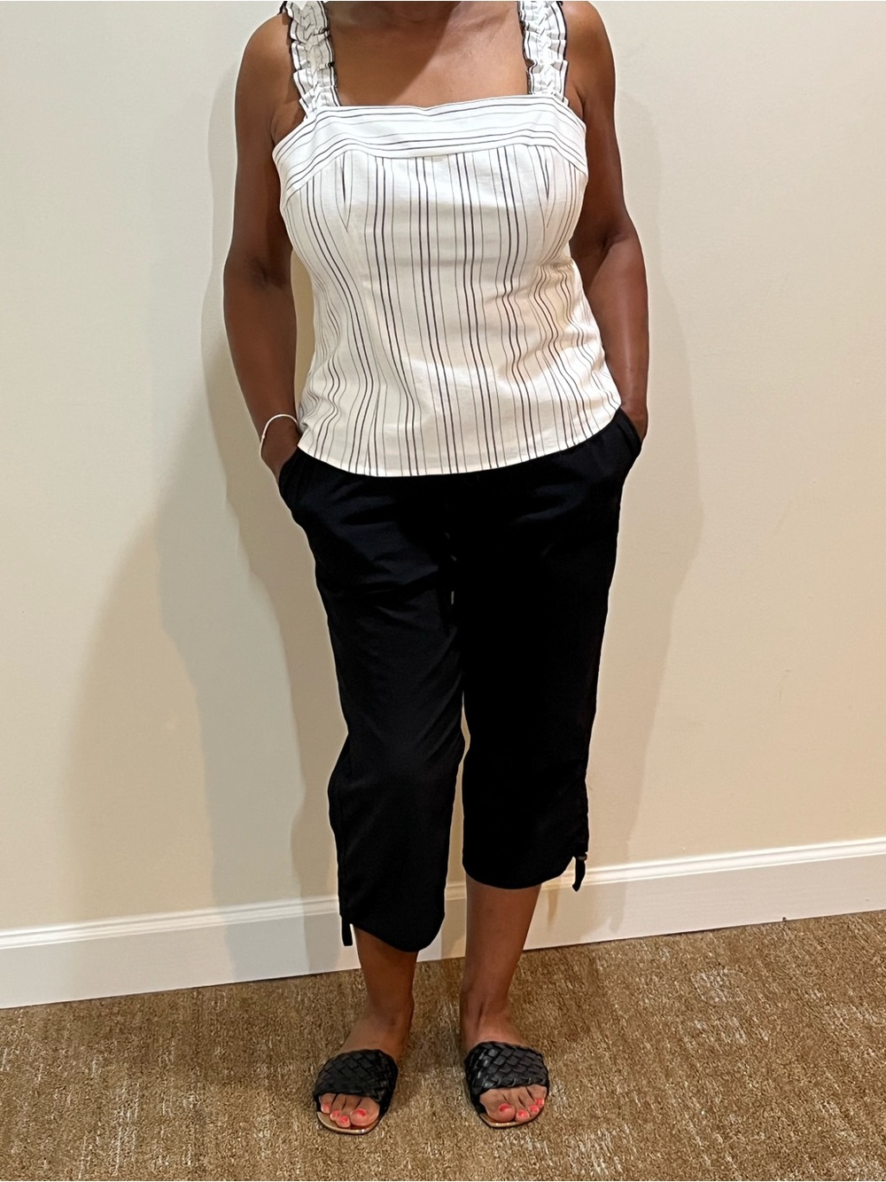 Vince Camuto White Striped Ruffle Strap Tank Top